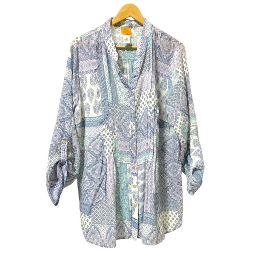 Ruby Rd Plus Shirt Women Size 1X Purple Mint Patchwork Print Tunic Roll Tab Boho